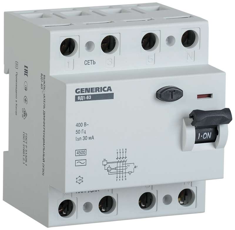 Выключатель дифференциального тока (УЗО) 4п 40А 30мА тип AC ВД1-63 GENERICA ИЭК MDV15-4-040-030